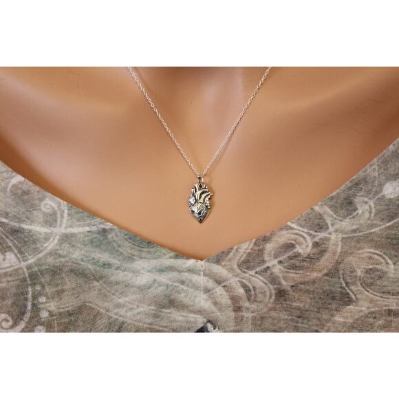 Sterling Silver Anatomical Heart Charm Necklace, Realistic Heart Charm Necklace - Picture 3 of 3